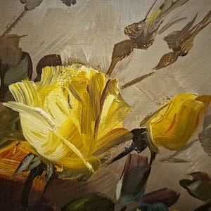 An elegant large vintage floral wall painting featuring yellow rose bouquet, created with soft light transitions and harmonious color balance, embodying timeless botanical art traditions, ideal for heritage style interiors, refined living spaces, or curated design focused environments, attracting those searching for original decorative artwork, classic floral compositions, and meaningful gift options for anniversaries, celebrations, or interior styling projects