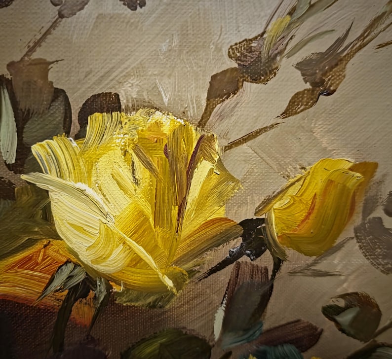 An elegant large vintage floral wall painting featuring yellow rose bouquet, created with soft light transitions and harmonious color balance, embodying timeless botanical art traditions, ideal for heritage style interiors, refined living spaces, or curated design focused environments, attracting those searching for original decorative artwork, classic floral compositions, and meaningful gift options for anniversaries, celebrations, or interior styling projects