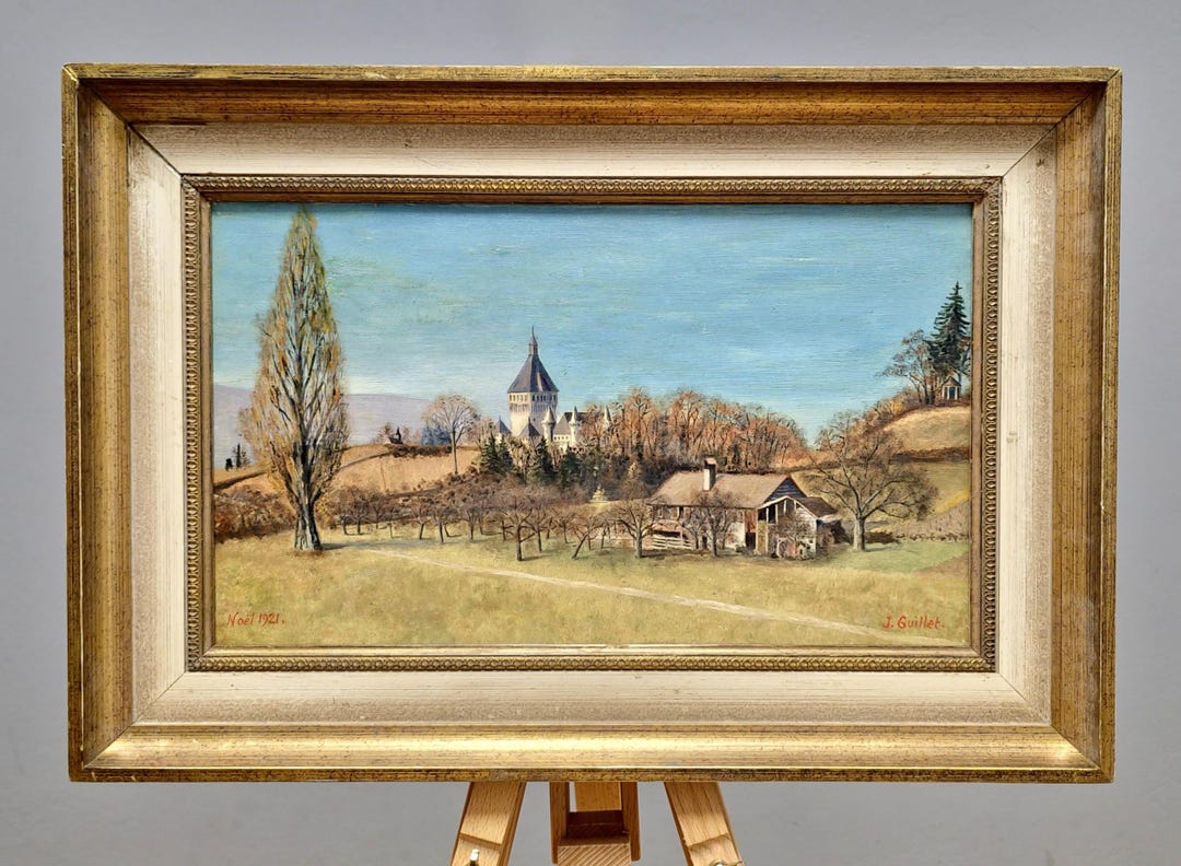 ヴィンテージ スイス風景油絵、額入り農家アート、1920年代 - Etsy 日本
