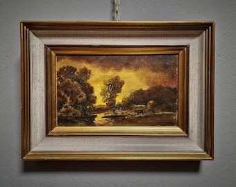 Antique Barbizon Landscape Oil Painting, Cows at Sunset, Framed French Art