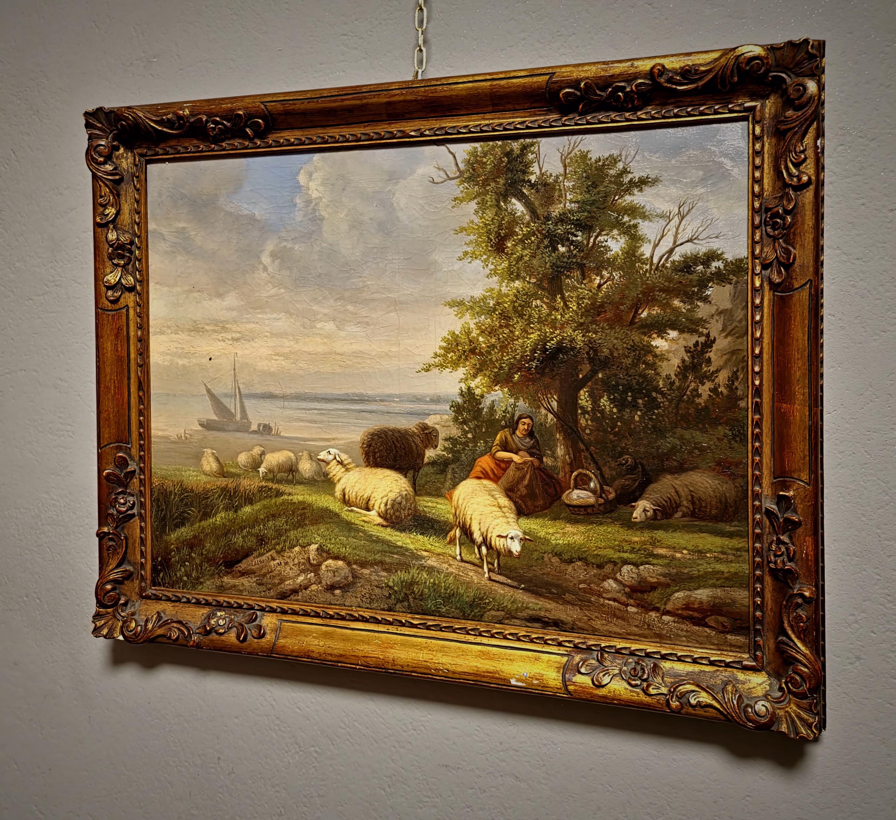 Antique Dutch Pastoral Landscape Oil Painting, 19th Century Signed