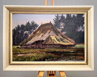 Antique Swiss Oil Painting, Countryside Scene Painting Wall Art, Original Painting On Panel, European Landscape for Home Decor