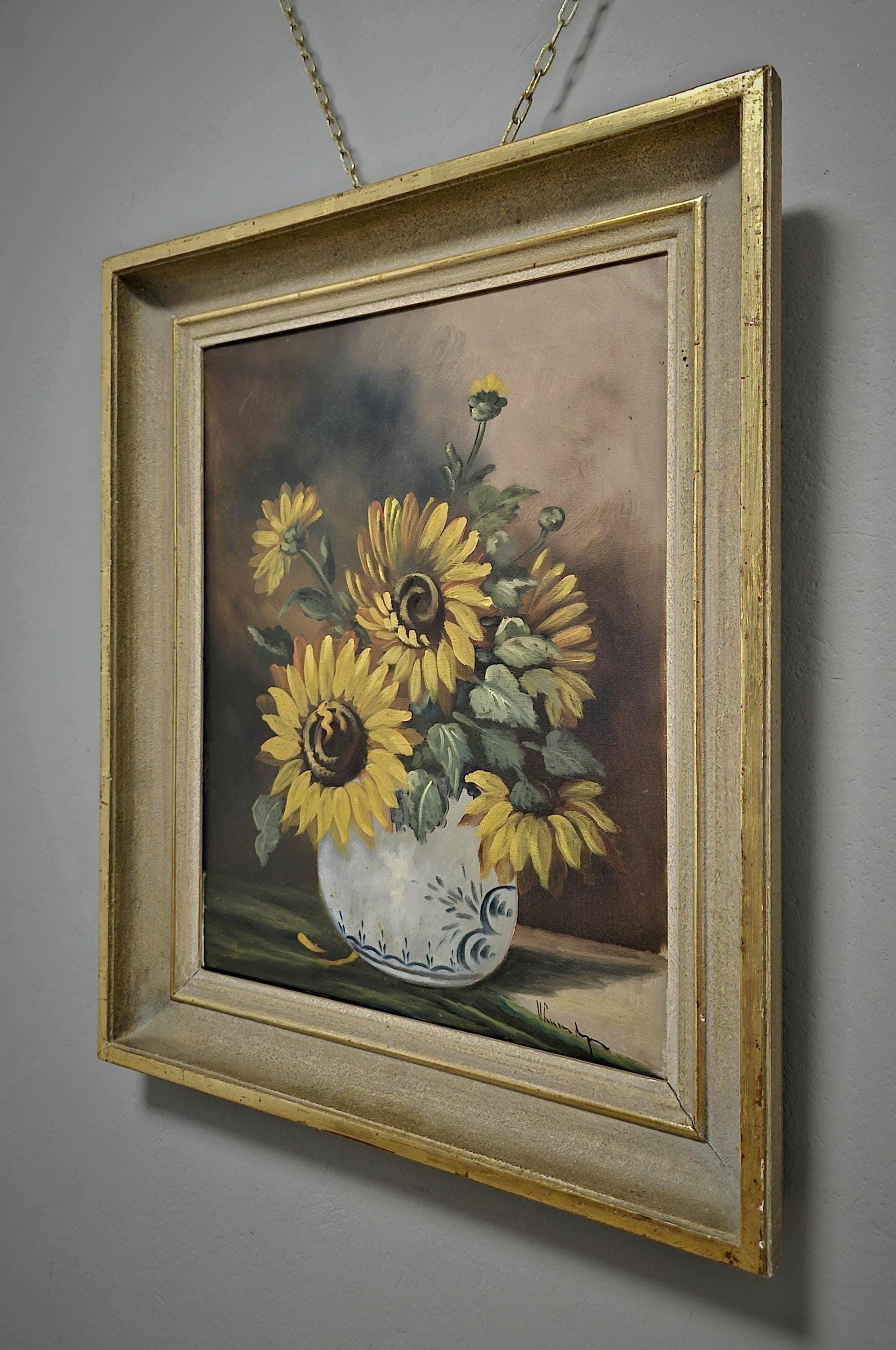 ヴィンテージひまわりの絵画、キャンバスに描かれたオリジナルの花の