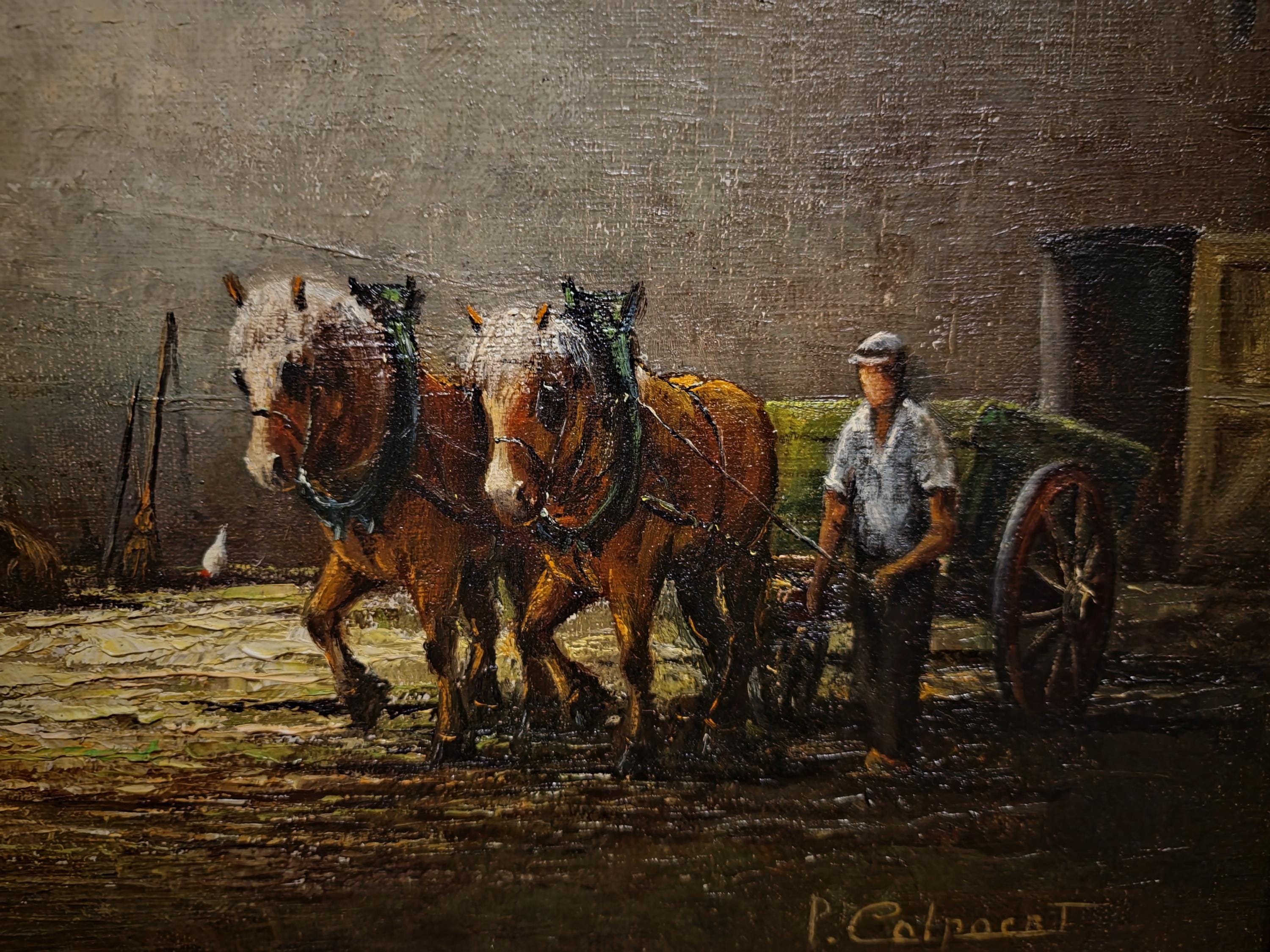 Vintage Oil Painting, Belgian Rural Scene, Dark Moody Farm