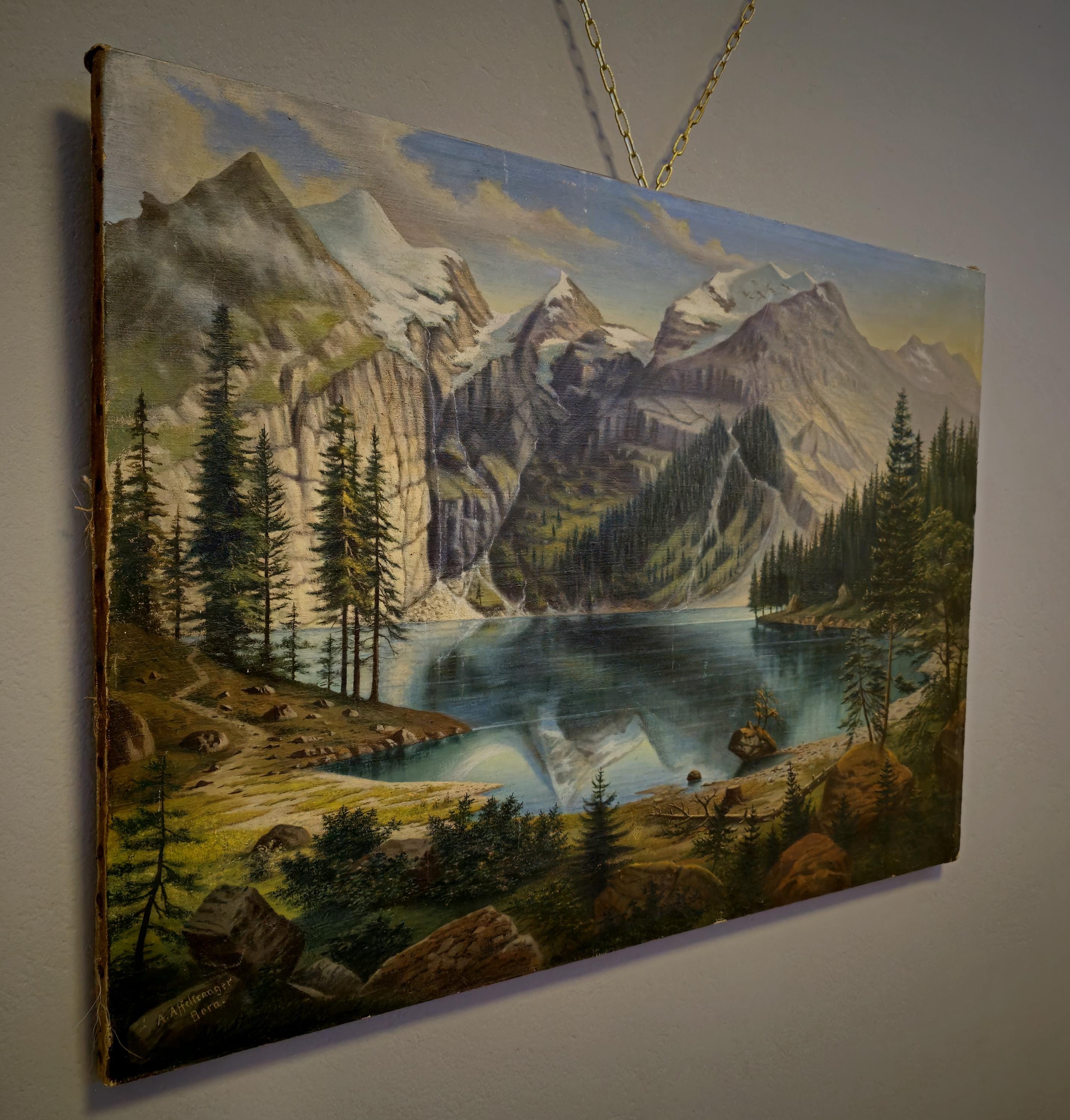 アンティーク 大判 風景画 油彩画 油絵 額装 自然 雪山 湖 森林 絵画