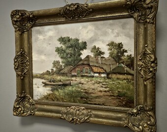 特大サイズ　アンティーク　風景画　外国 絵画・油絵 風景画 30号「ヨーロッパ田園風景」 大型タイプ