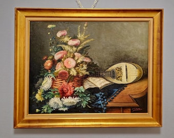 アンティークのフランス製花柄静物油絵、暗く落ち着いた花とマンドリン
