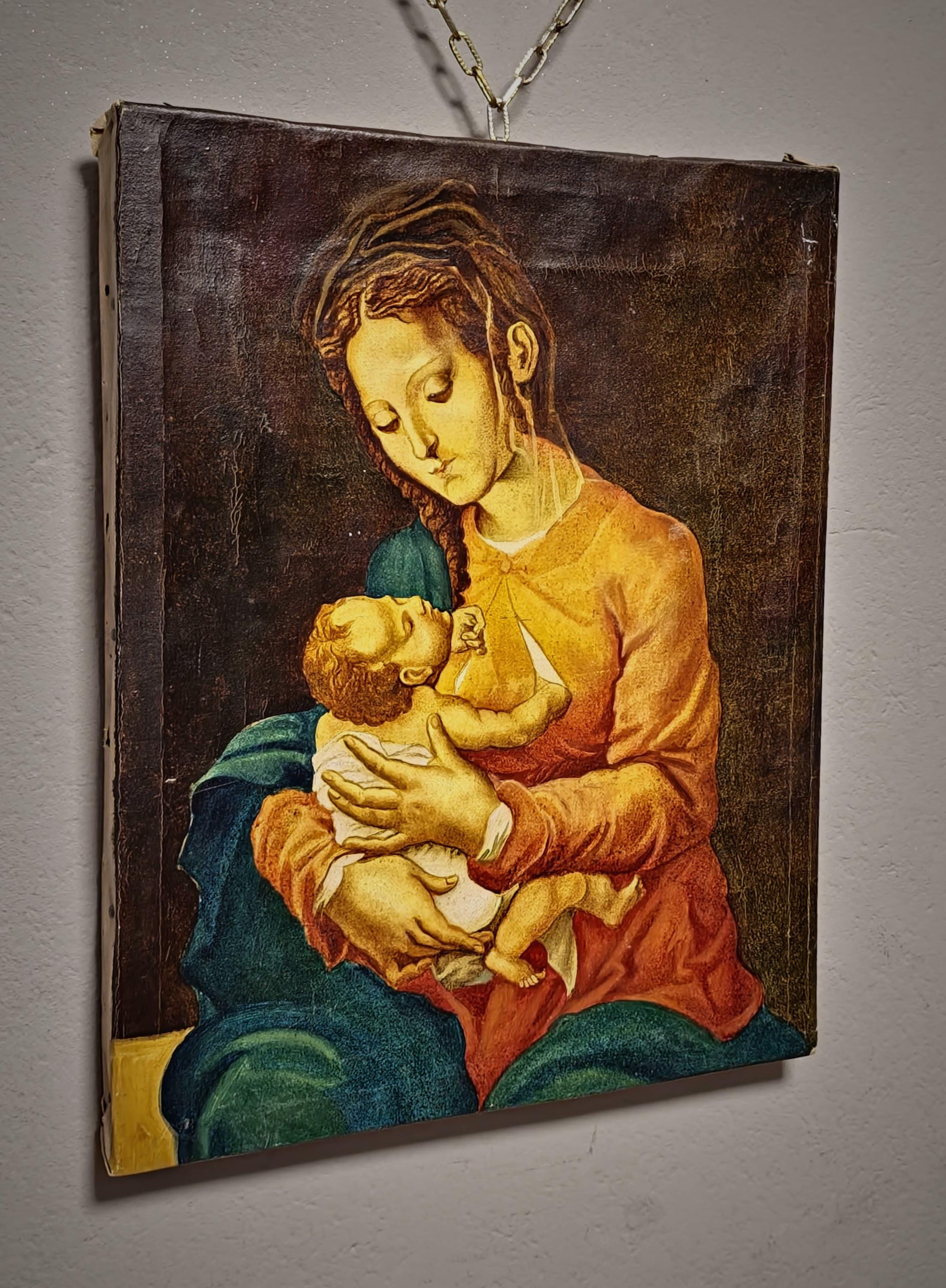 ヴィンテージの聖母子像、フランスの宗教油絵、カトリックの壁飾り