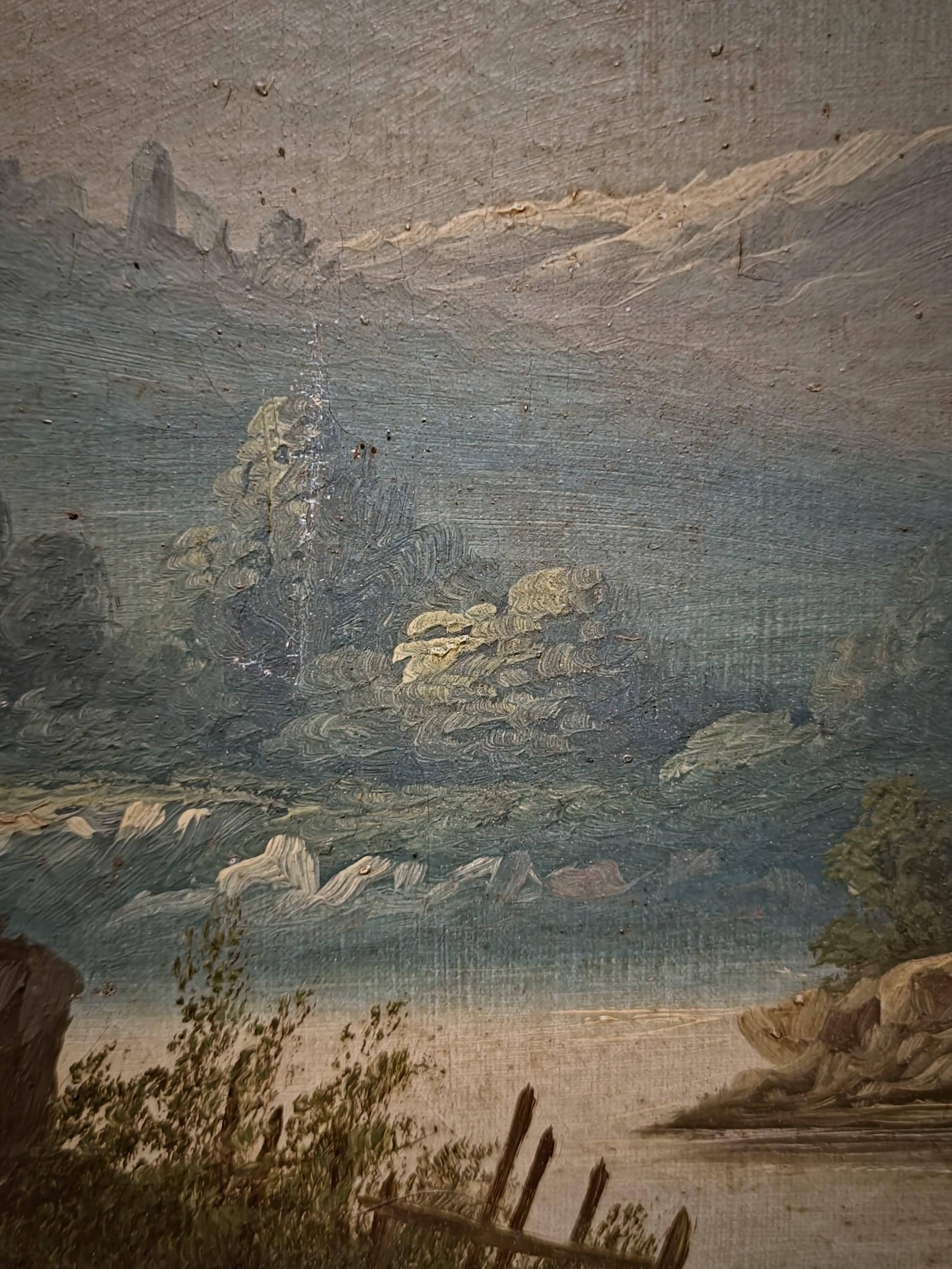フランスアンティーク 古い油絵 手描き グランド・ソッコの門 木製額 風景画 大型アンティークフランス油絵、人物が描かれた川の風景、19世紀の