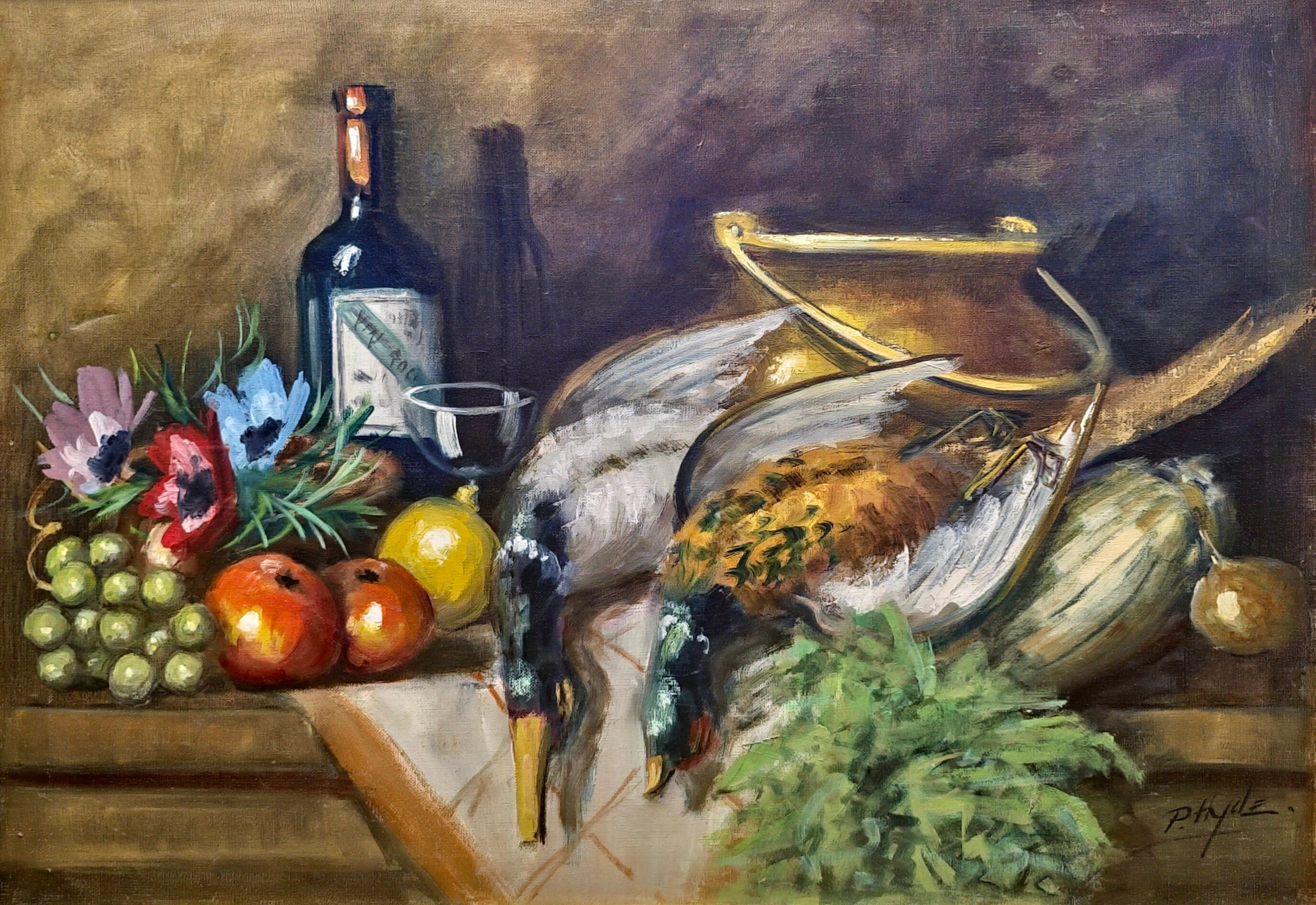 Fruit and Wine Painting, 1930s Vintage French Oil Painting, Game