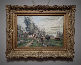 アンティークの大型フランス油絵、金色の額縁、牛のいる森の秋の風景