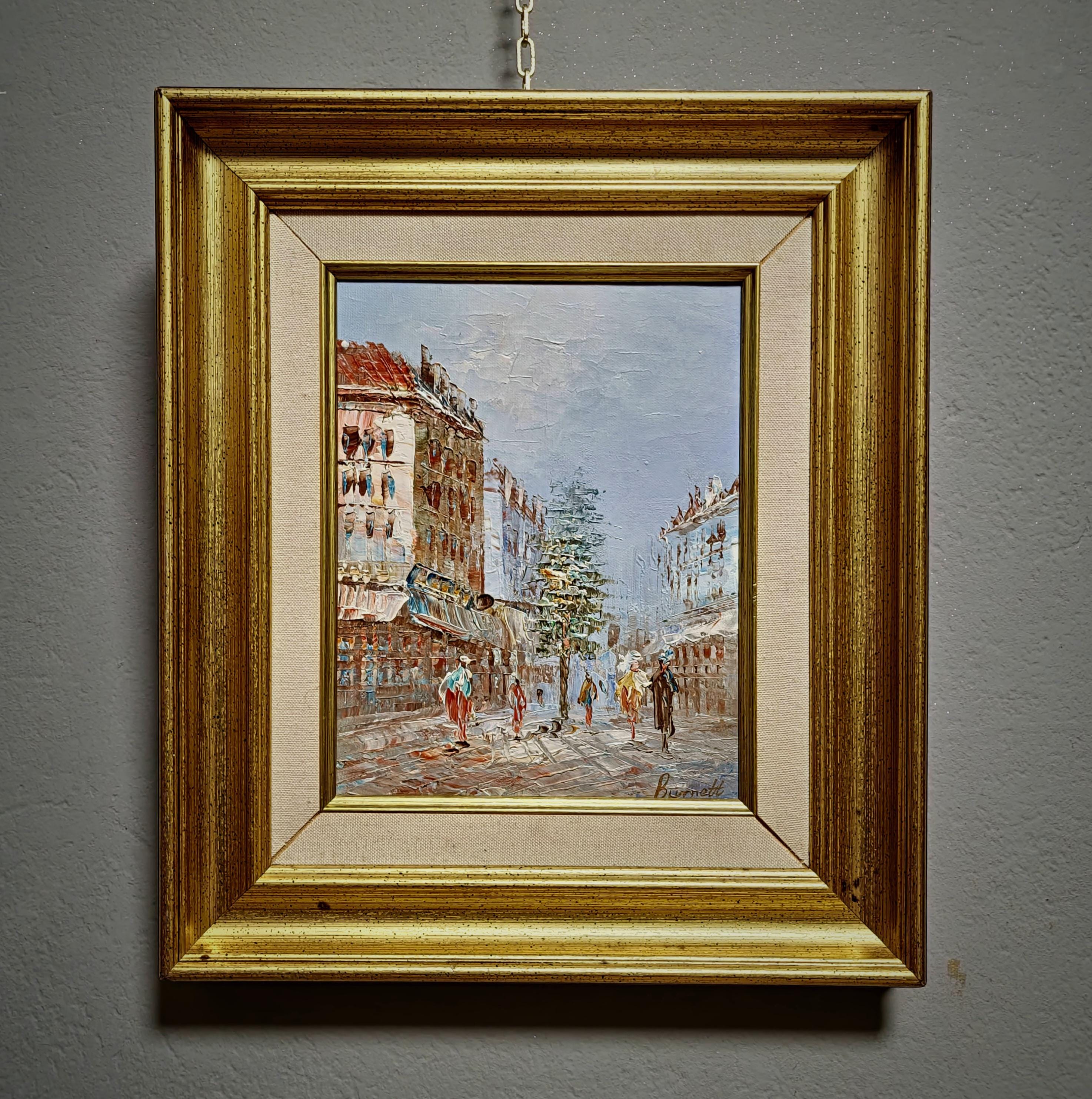 Antique Oil Painting, French Street Scene, Signed Canvas Art, Gold