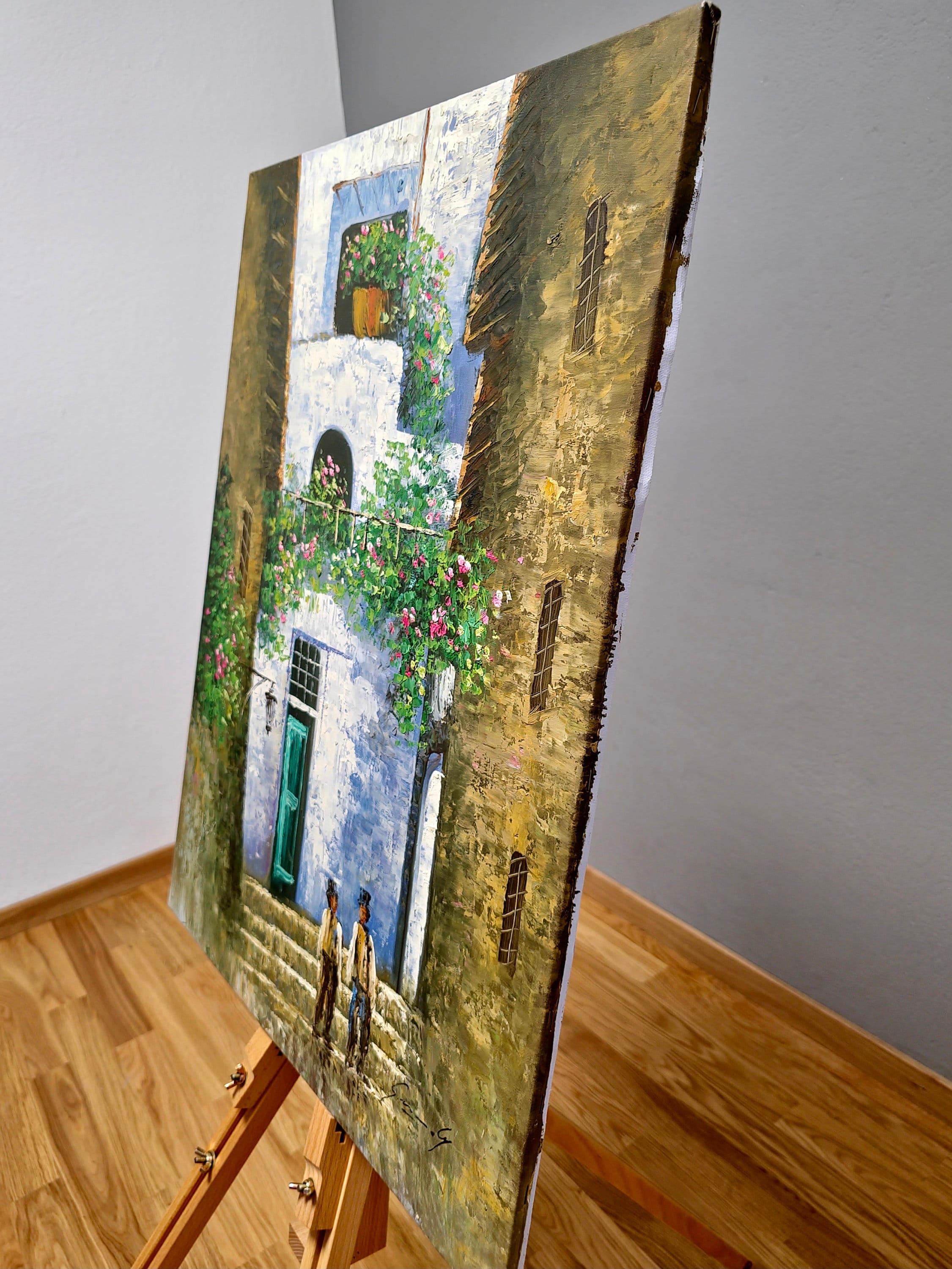ヴィンテージのフランスの街並みの油絵、花の咲く中庭のアート - Etsy 日本