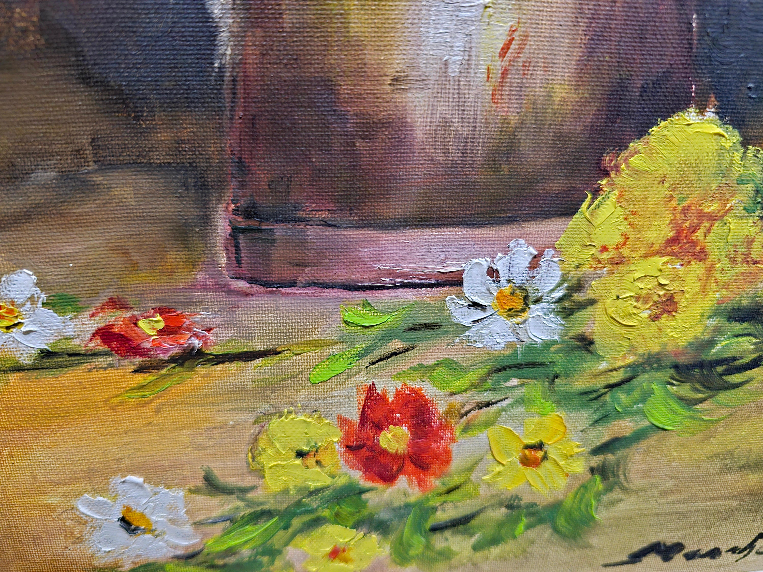 Vintage French Still Life Oil Painting, Rustic Jug and Flowers