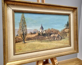 ヴィンテージ スイス風景油絵、額入り農家アート、1920年代 - Etsy 日本