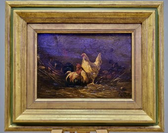 Ancienne peinture à l'huile de cour de ferme suisse, scène animalière de poulet signée, décoration murale de ferme rustique, art cottagecore, pièce fine de collection