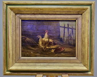 Antique Chicken Oil Painting, 19th Century Farm Scene, Framed Realism Wall Art, Rural Life Artwork, Rustic Home Decor, Housewarming Gift