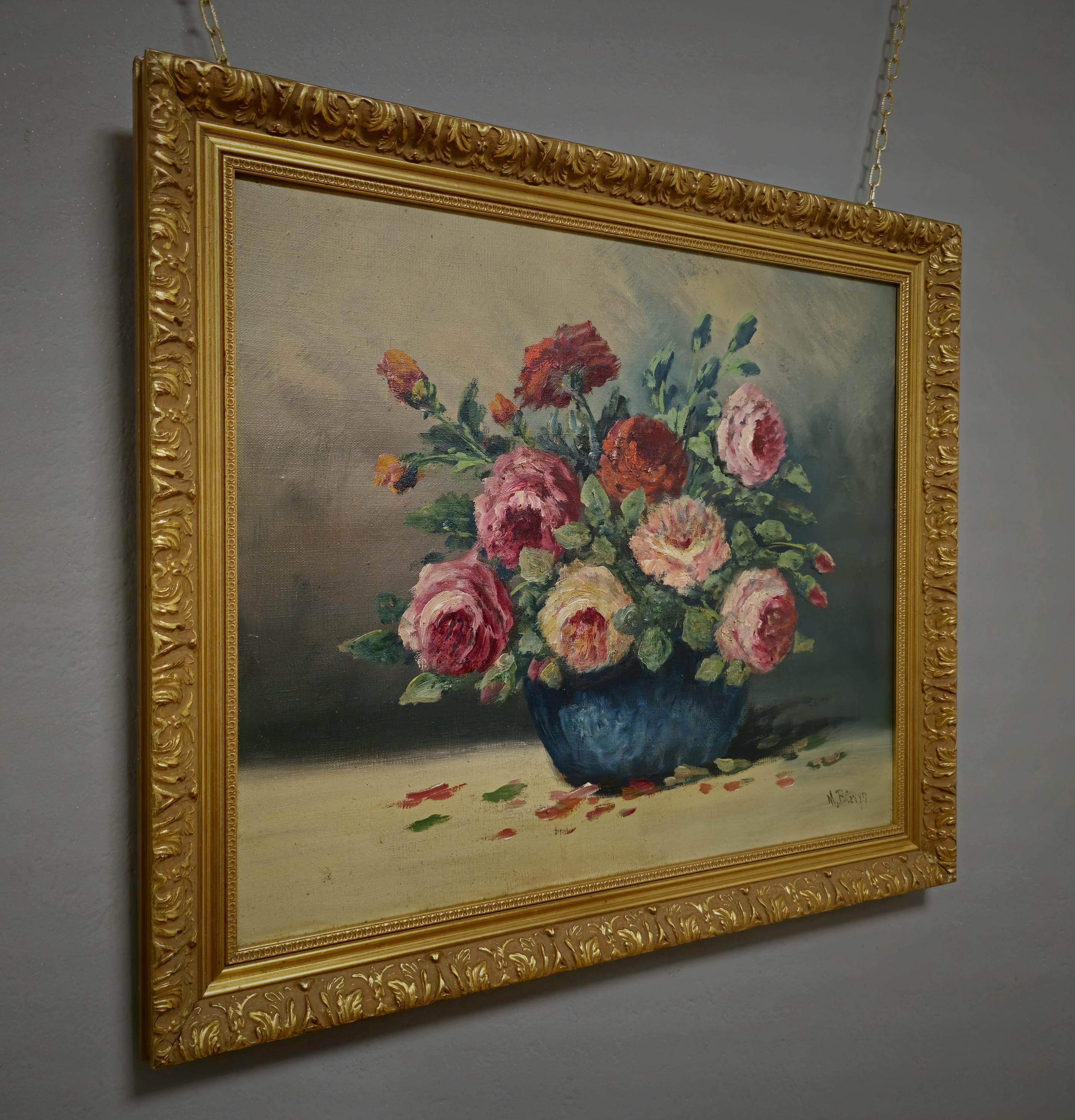 フランスのヴィンテージ花の油絵、青い花瓶のバラ、1930年代の署名入り