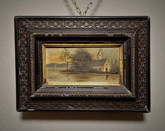 アンティークフランスロマン主義油絵、19世紀の風景画、署名入り