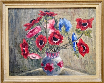 Vintage French Floral Still Life Oil Painting, Soft Muted Rustic Flowers Bouquet Vase Original Painting Signed, French Country wall Decor