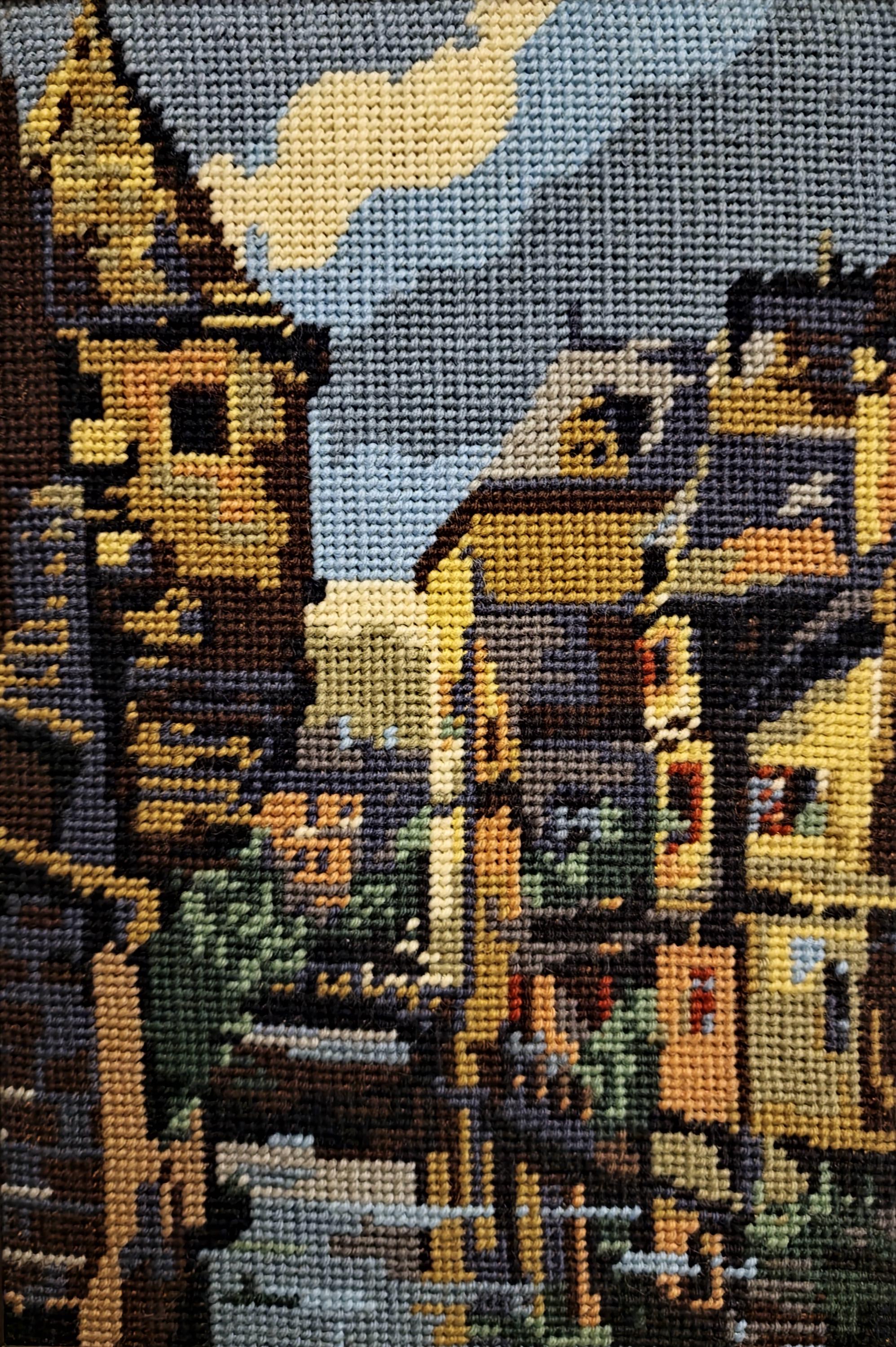 Vintage European Needlepoint Wall Art, Framed Textile Embroidery