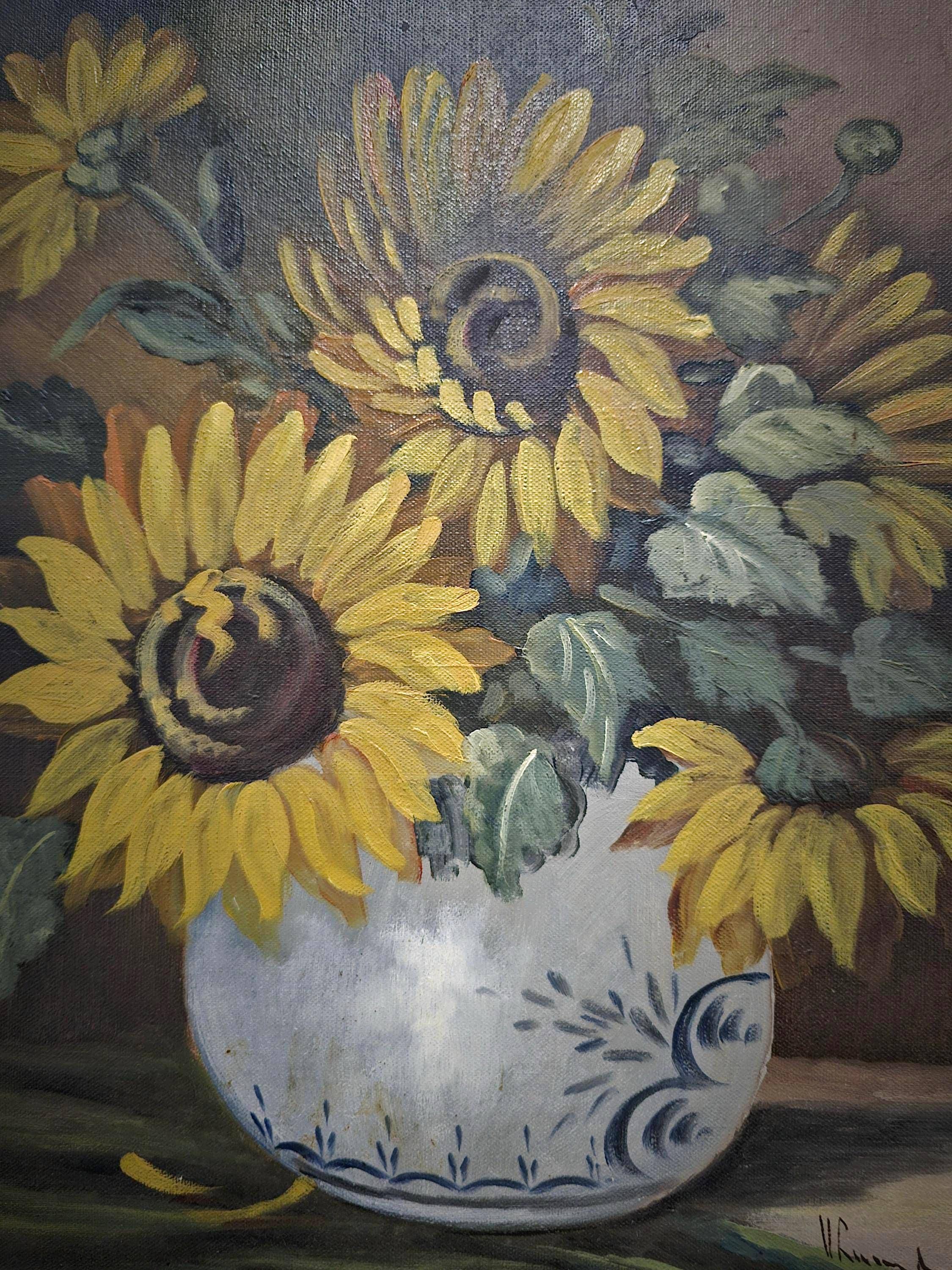 ヴィンテージ風ひまわりの絵画、キャンバスに描かれたオリジナルの花の