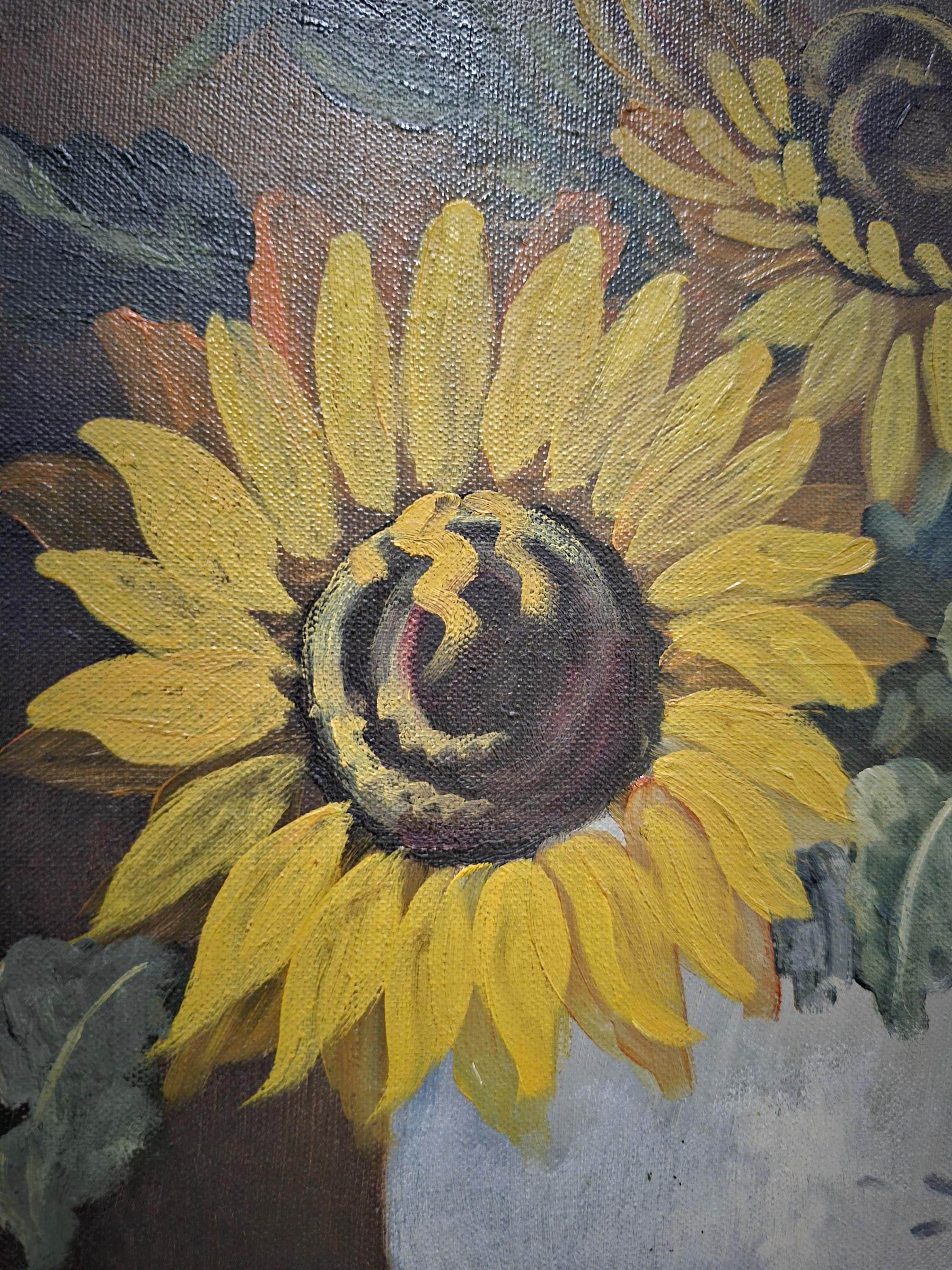 ヴィンテージひまわりの絵画、キャンバスに描かれたオリジナルの花の