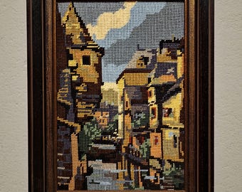 Vintage European Needlepoint Wall Art, Framed Textile Embroidery