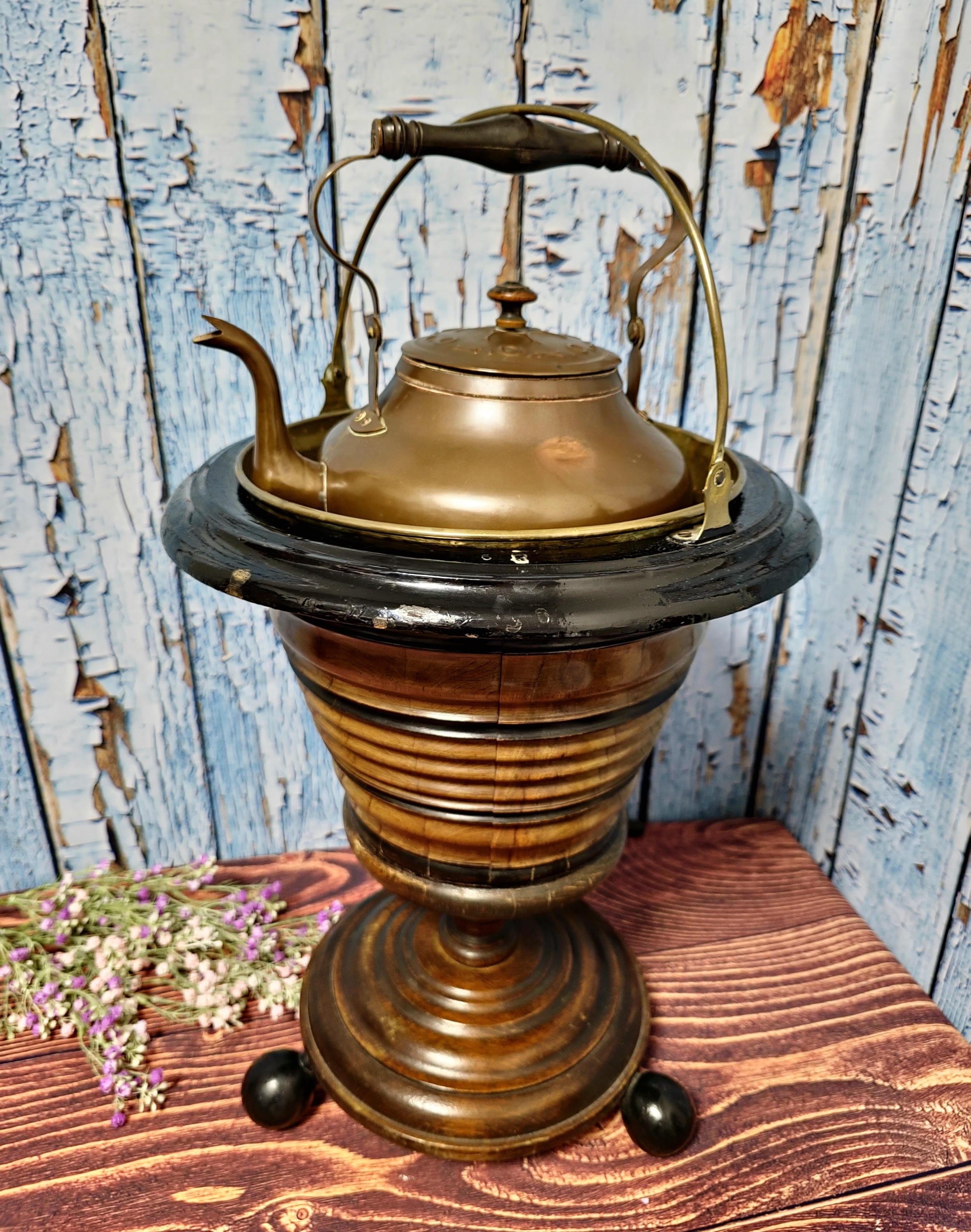 Antique Dutch Copper Tea Kettle Warmer, Walnut Pedestal, 19th