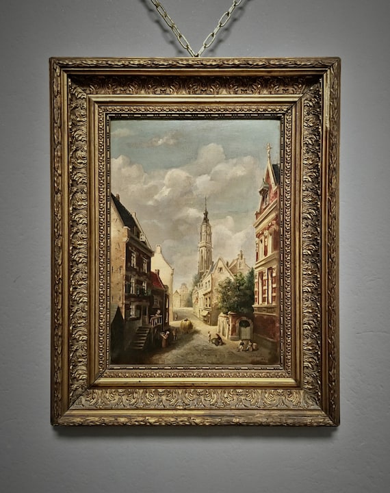 アンティークのベルギーの街並み油絵、金色の額縁に入ったオリジナル