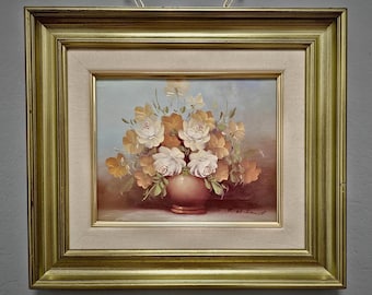 Vintage French Floral Oil Painting, Signed Still Life with Roses, Bouquet in Vase Artwork, Cottagecore Wall Decor, Unique Gift