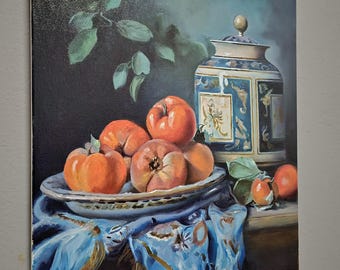 油彩画 額縁付き 静物画 青い壺と果物 インテリアアート il_340x270.6861470504_5s5e.jpg