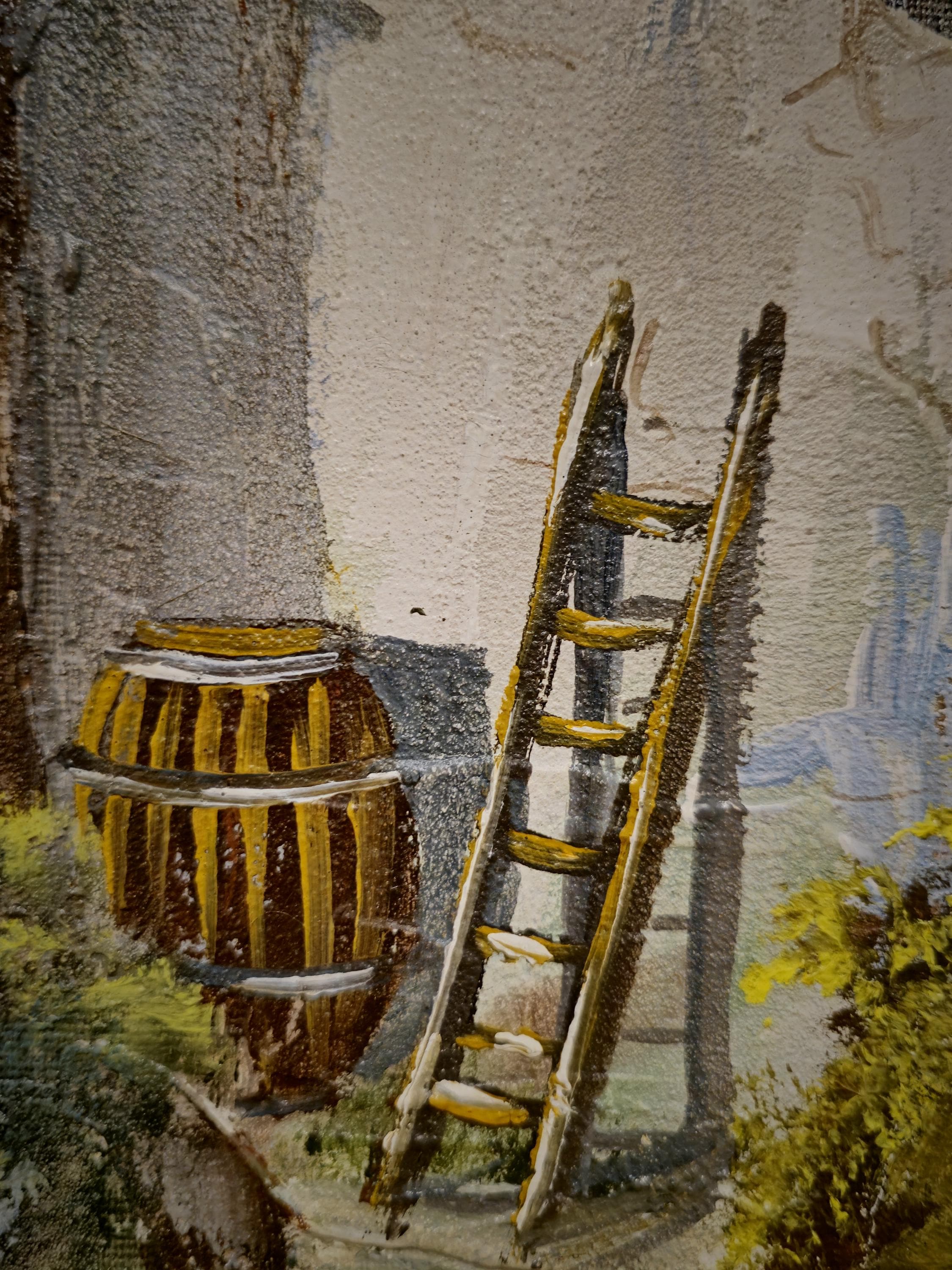 アンティークなイタリア風景油絵、素朴なトスカーナの村の風景、サイン