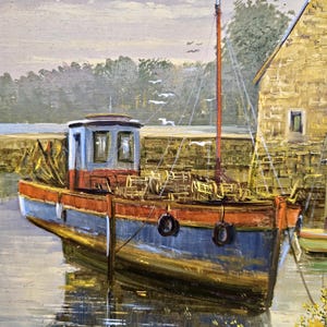 May include: Oil painting of a blue and orange fishing boat docked in a harbor. The boat has a small cabin and is tied to a stone wall. A red mast rises from the boat. A stone building is in the background.