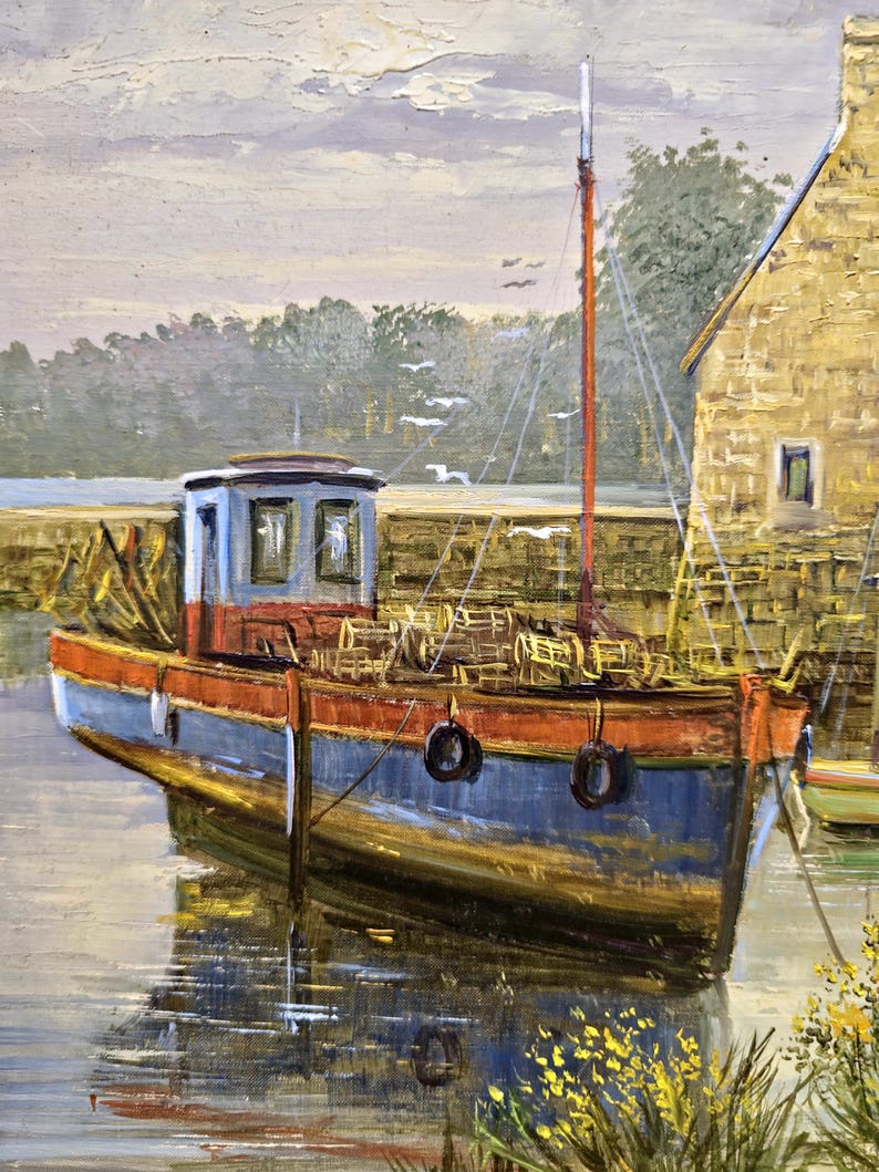 May include: Oil painting of a blue and orange fishing boat docked in a harbor. The boat has a small cabin and is tied to a stone wall. A red mast rises from the boat. A stone building is in the background.