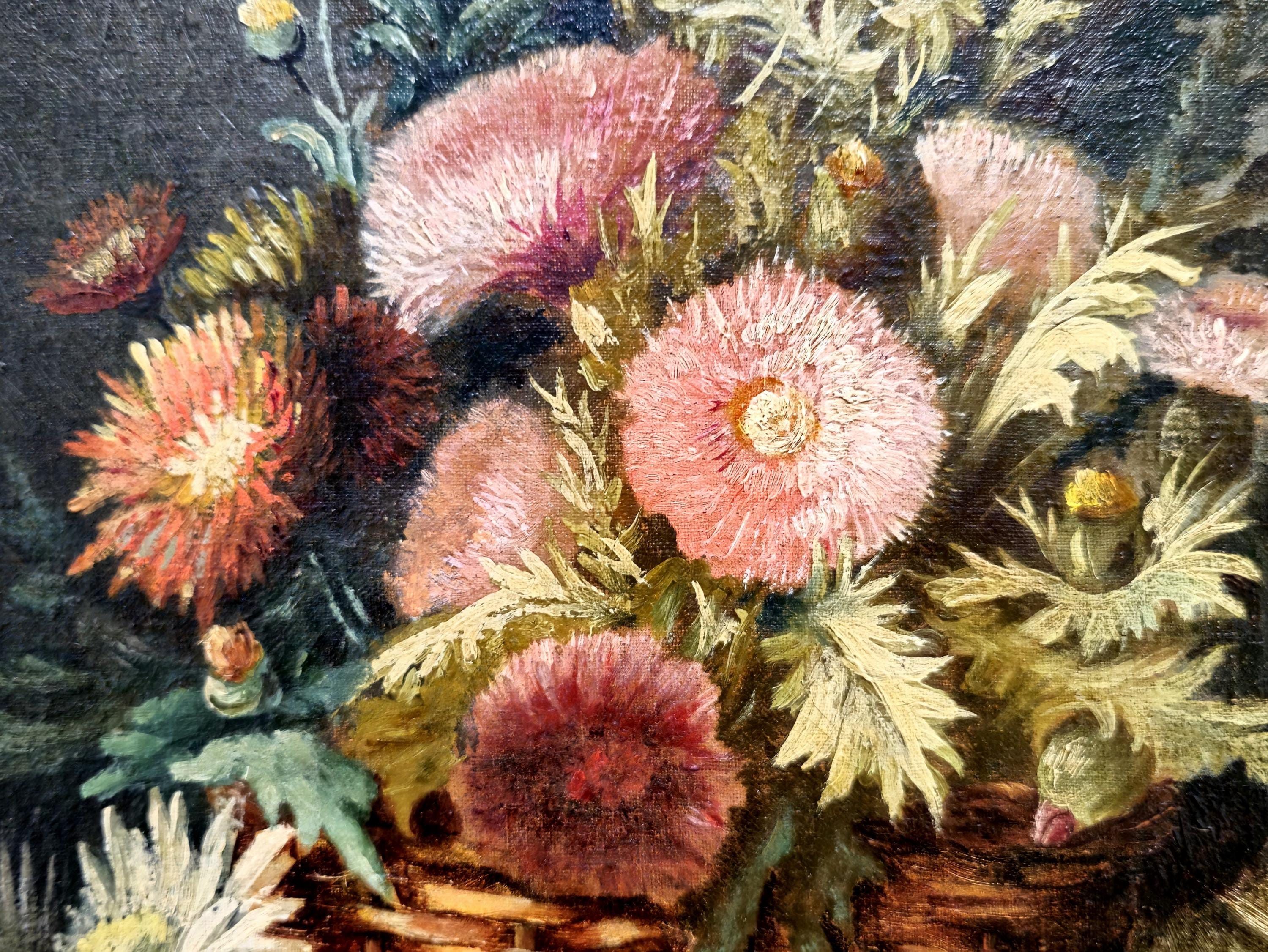 アンティークなフランスの花の静物油絵、落ち着いた色合いの花の 