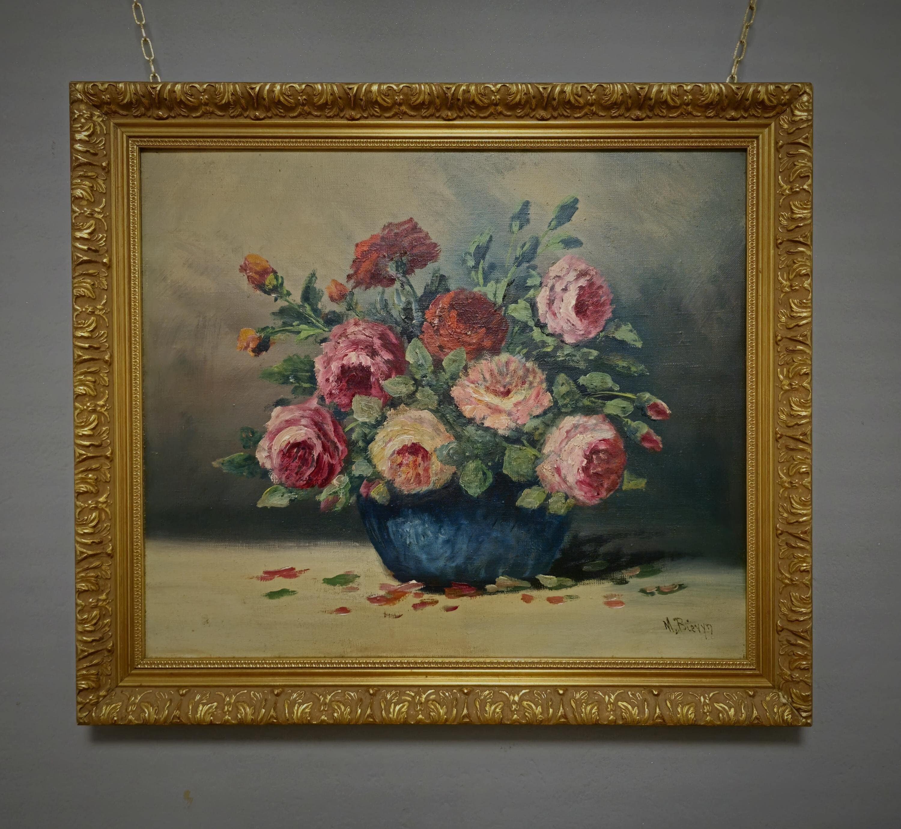 フランスのヴィンテージ花の油絵、青い花瓶のバラ、オリジナル