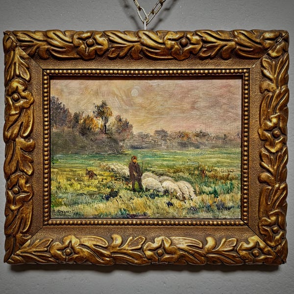 Antique French Oil Painting Pastoral Landscape with Sheep in Barbizon Style, Signed Artwork, Rustic Wall Art for Farmhouse Decor