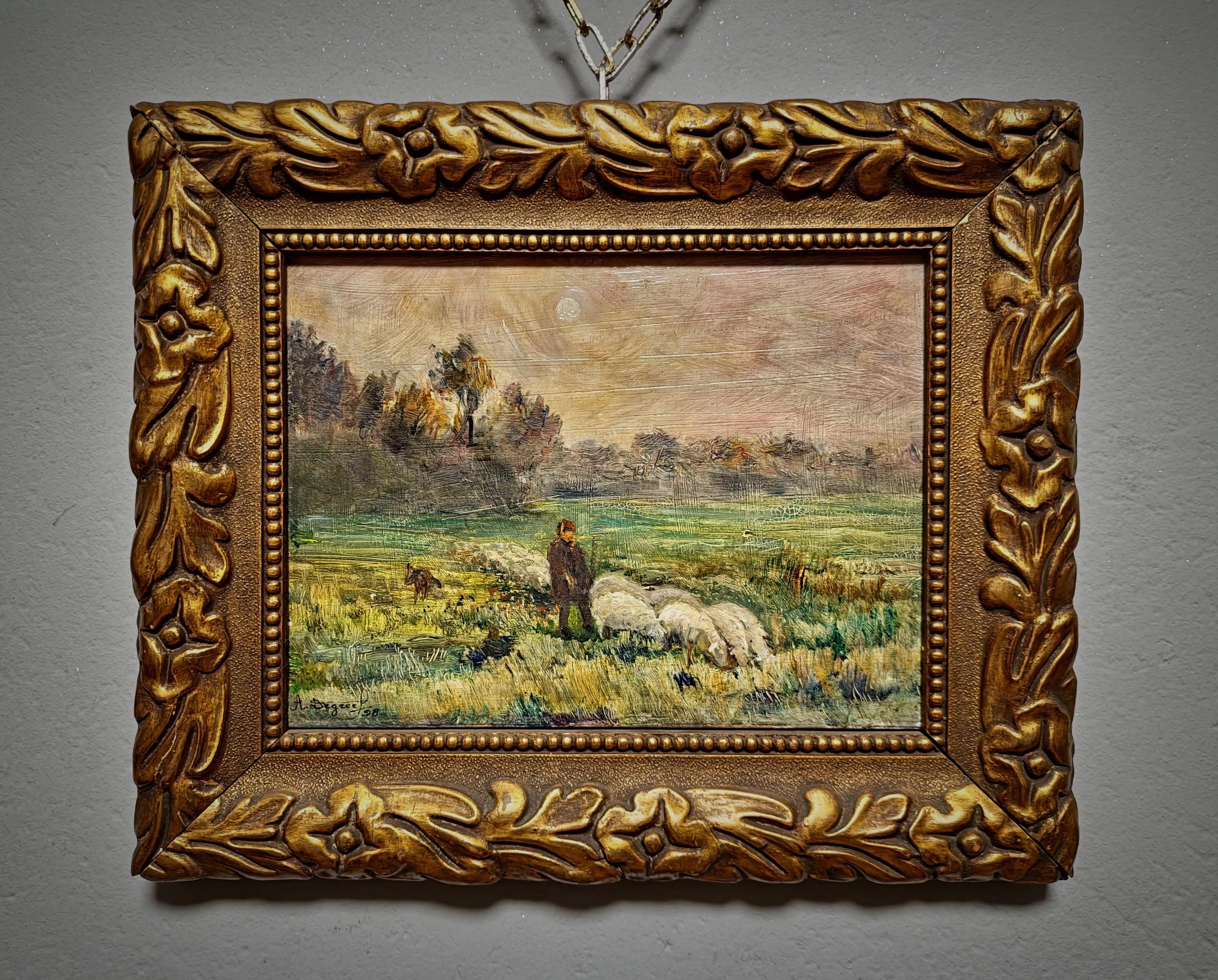 Antique French Oil Painting Pastoral Landscape With Sheep in