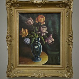 ヴィンテージのオランダ製花柄油絵、1939年作の静物画、装飾的な金色の