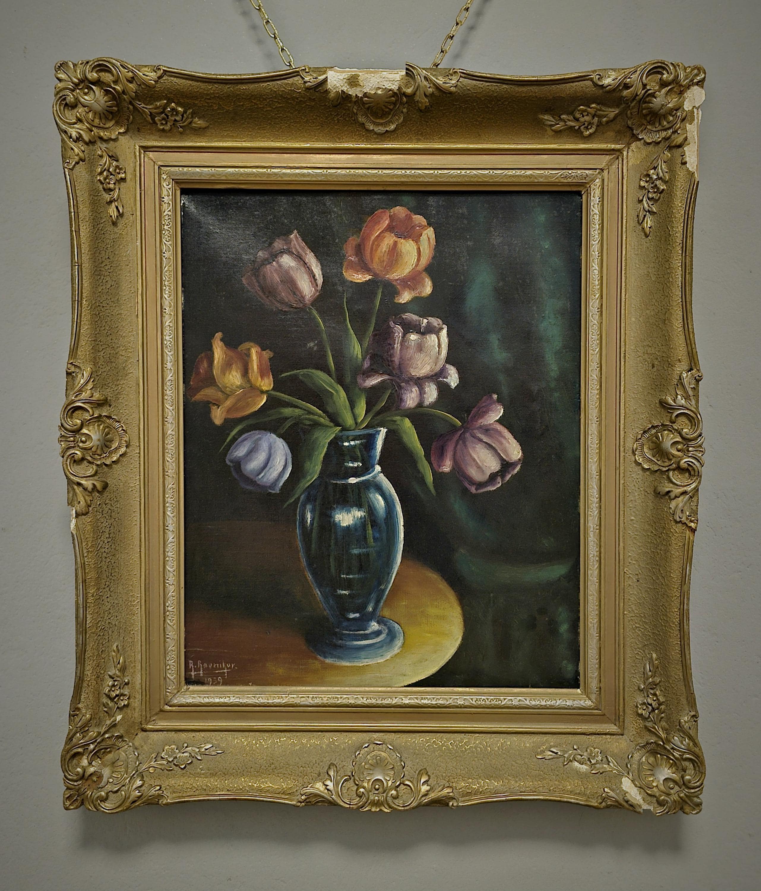 ヴィンテージのオランダ製花柄油絵、1939年作の静物画、装飾的な金色の