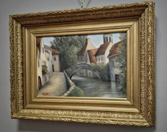 アンティーク油絵、ヴィンテージ印象派風景画、金色の額縁に入った