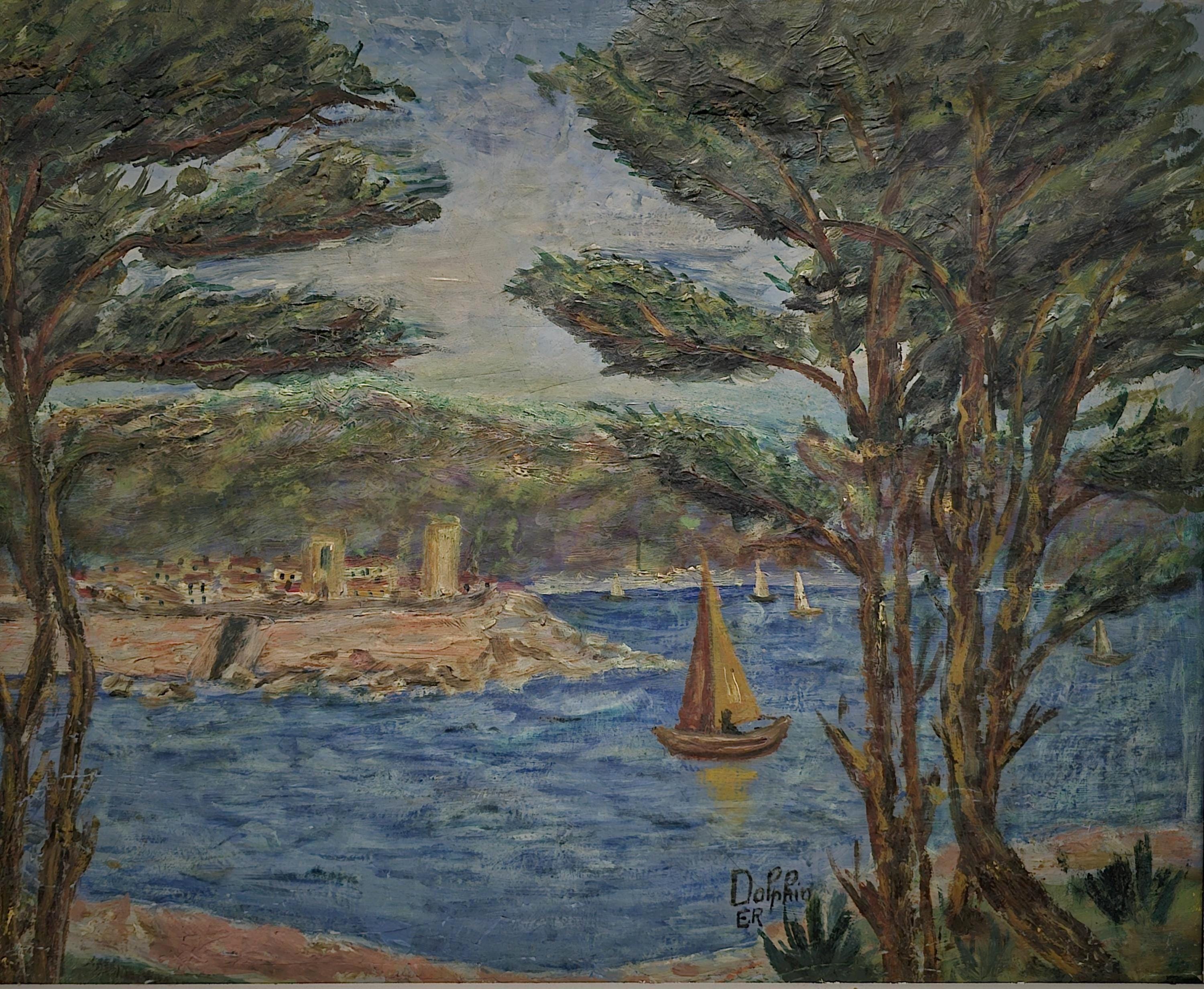 Vintage French Seascape Oil Painting, Signed Mediterranean Harbor