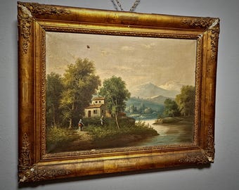 大型アンティークフランス油絵、人物が描かれた川の風景、19世紀の