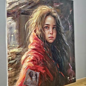 Realistic vintage oil painting "Eyes of the Forgotten" by Italian artist S. Rodriguez. Created in 1990, this signed artwork is perfect for modern and rustic decor, making it a unique gift for art lovers or a memorable addition to a classic interior