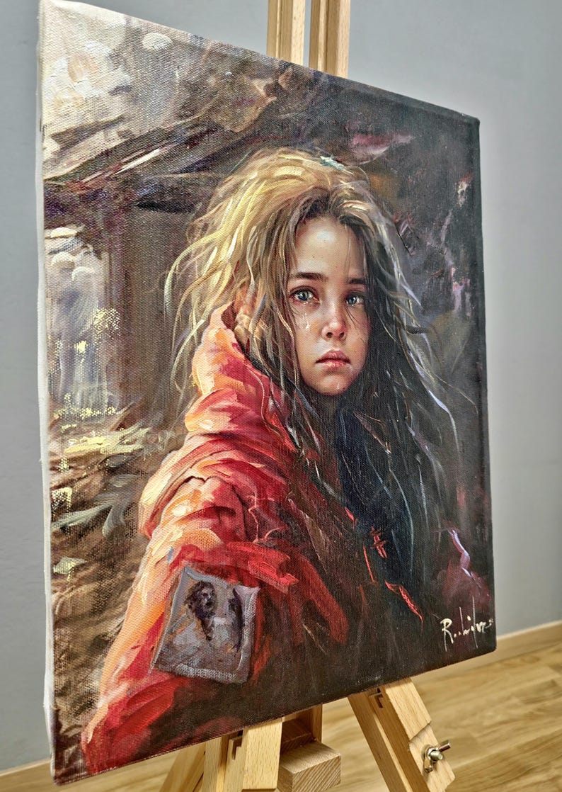 Realistic vintage oil painting "Eyes of the Forgotten" by Italian artist S. Rodriguez. Created in 1990, this signed artwork is perfect for modern and rustic decor, making it a unique gift for art lovers or a memorable addition to a classic interior