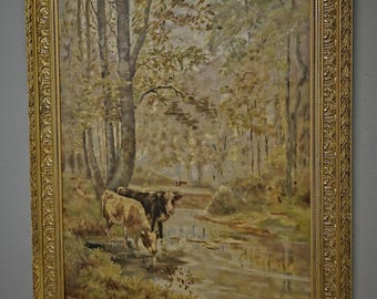 アンティークの大型フランス油絵、金色の額縁、牛のいる森の秋の風景