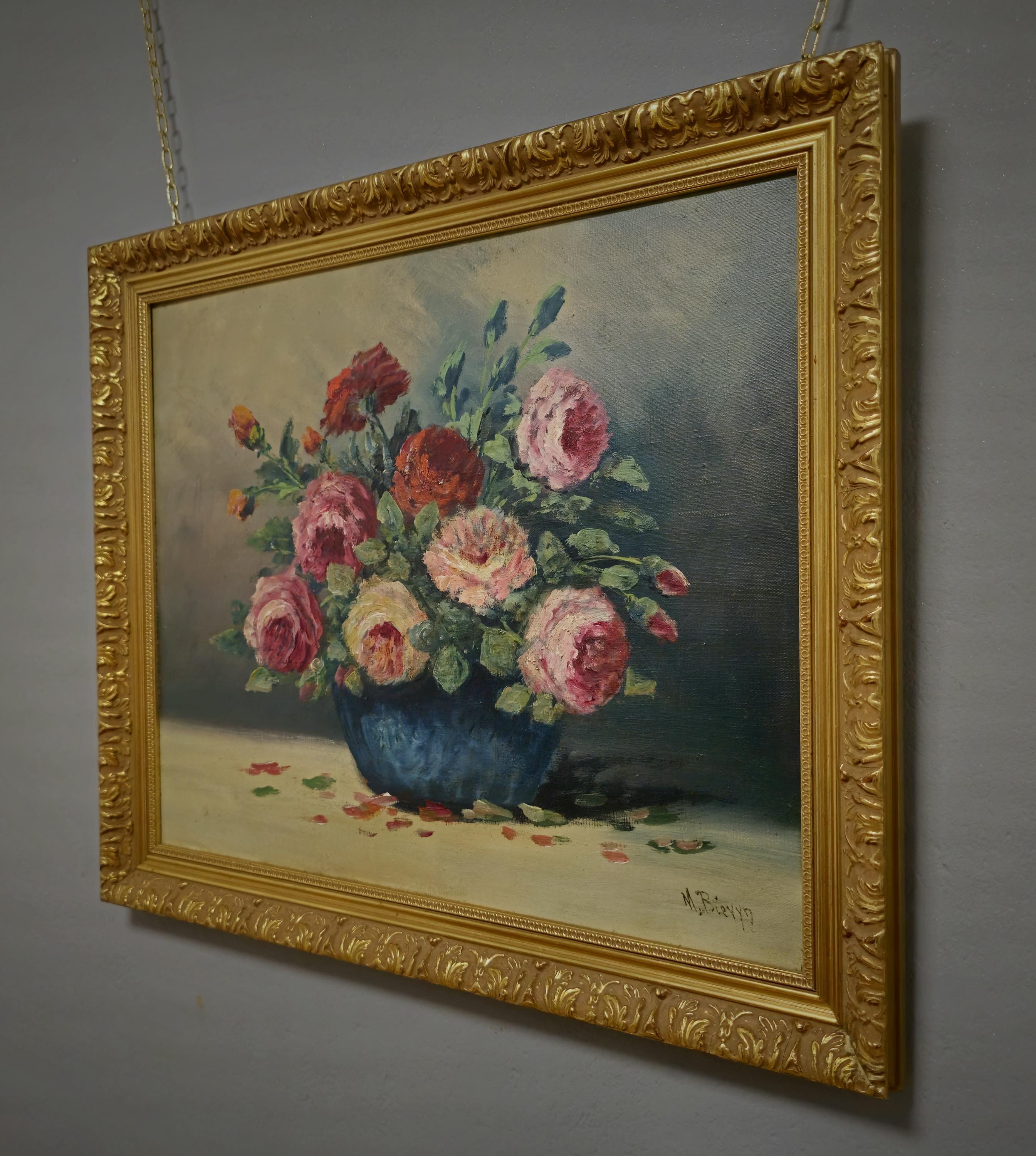 French Vintage Floral Oil Painting, Roses in Blue Vase, 1930s