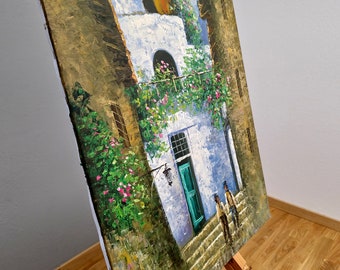 ヴィンテージのフランスの街並みの油絵、花の咲く中庭のアート - Etsy 日本