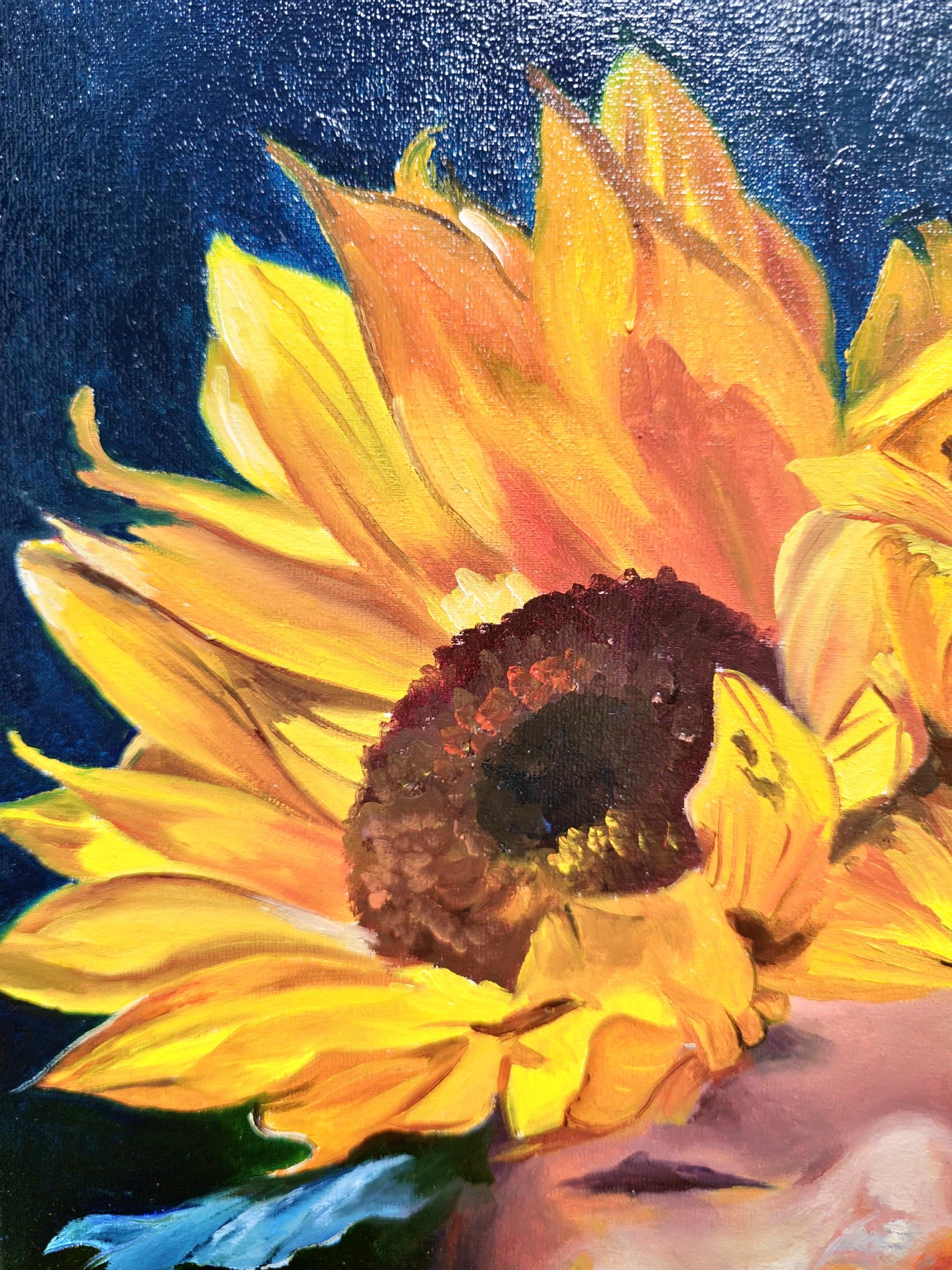 シュールな女性のひまわりの肖像油絵、ムーディーな精神の果実の表現力